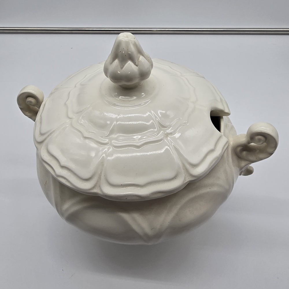 VTG Antique French Ivory Ceramic Lidded Serving Dish With Curved Handles - Picture 8 of 11